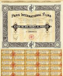 Paris International Films Stock Certificate 1927 - Silent Movies