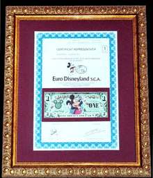 Euro Disneyland Stock Certificate and Millennium Disney Dollar - Framed