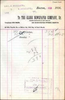 Boston Globe Newspaper Invoice 1914