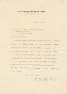 Letter Written by Albert D. Lasker - United States Shipping Board 1921