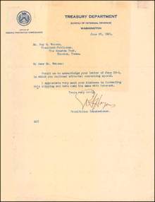 Letter Written by Royal C. Haines-Prohibition Commissoner 1922