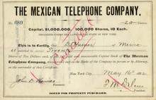 Mexican Telephone Company - 1882 signed by Franklin Delano - New York