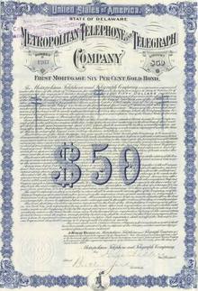 Metropolitan Telephone and Telegraph circa 1912 - 6% Gold Bonds
