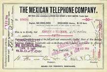Mexican Telephone Company Stock Certificate - 1890's