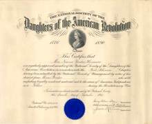 National Society of the Daughters of the American Revolution Membership Certificate