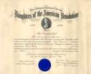 National Society of the Daughters of the American Revolution Membership Certificate