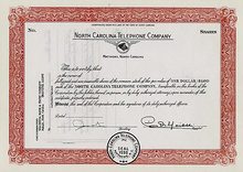 North Carolina Telephone Stock Certificate 1955 (ALLTEL and Sprint)