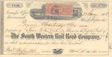 South Western Rail Road Company 1860's - Civil War Era Revenue Stamp