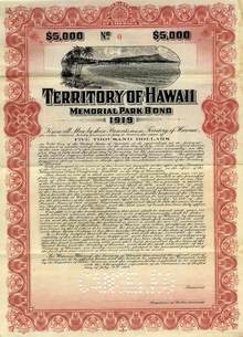 Territory of Hawaii Memorial Park Bond - Diamond Head Vignette 1919