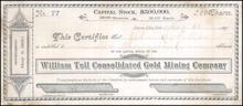 William Tell Consolidated Gold Mining Company 1891 - Sierra City, California