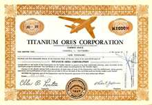 Titanium Ores Corporation Stock Certificate 1954 - Titanium Jet Bomber - Scripophily