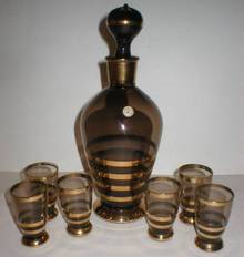 Romanian Smoke Glass and Gold Decanter Set