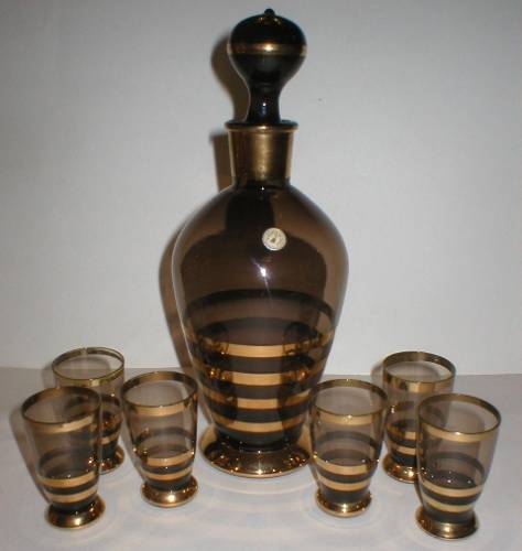 Romanian Smoke Glass and Gold Decanter Set