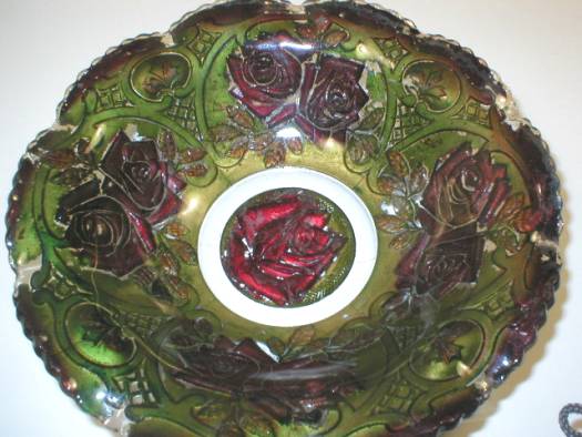 Goofus Glass Ruffled Bowl - Roses in the Snow