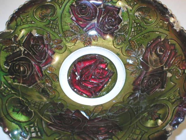 Goofus Glass Ruffled Bowl - Roses in the Snow