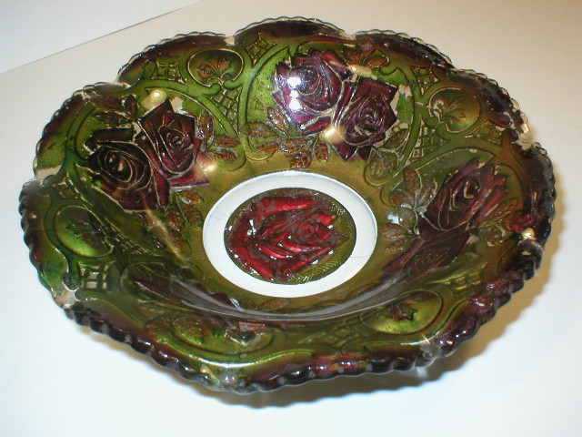 Goofus Glass Ruffled Bowl - Roses in the Snow