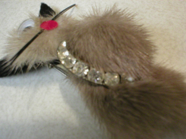 Adorable Mink and Rhinestone Cat Brooch