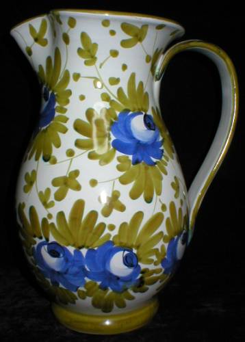 Large Italian Majolica Blue Roses Pitcher Jug