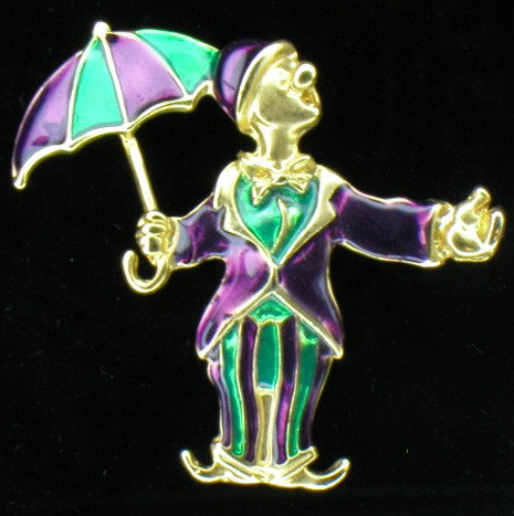 Adorable Enamel on Gold Vermeil Clown & Umbrella Brooch