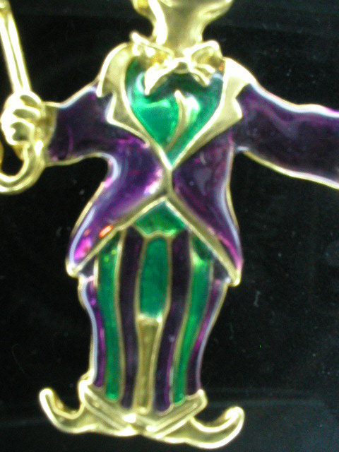 Adorable Enamel on Gold Vermeil Clown & Umbrella Brooch