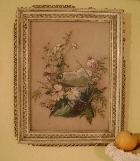 1800s Glass Oil Painting * Wild Flowers *