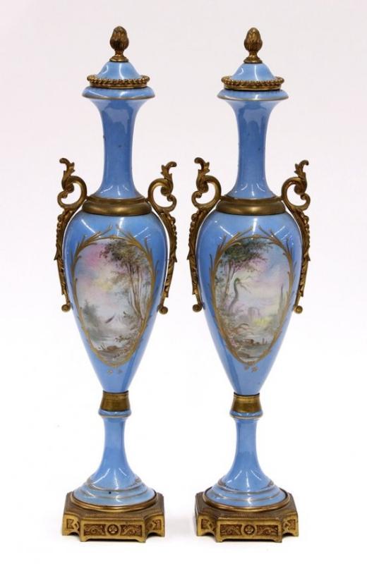 Pair of French ormolu mounted porcelain