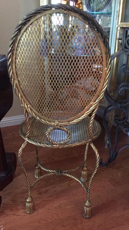 Hollywood Regency style gilt metal rope & tassel Estagere