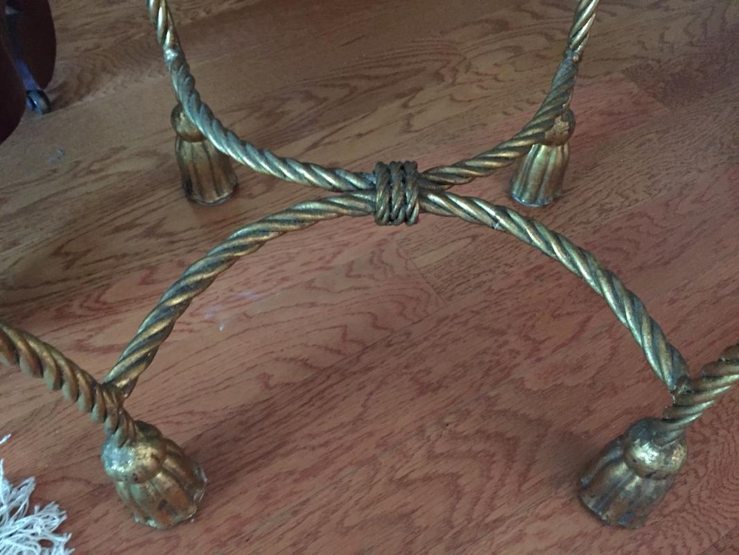 Hollywood Regency style gilt metal rope & tassel Estagere
