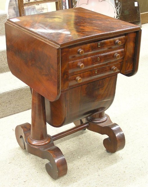 American Empire drop-leaf flame mahogany sewing table