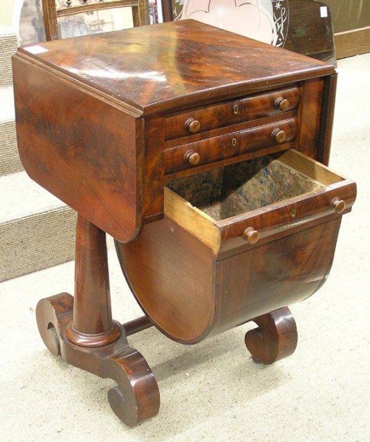 American Empire drop-leaf flame mahogany sewing table
