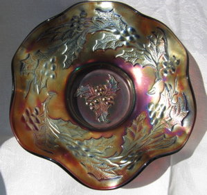 DUGAN Holly & Berry Oxblood Ruffled Bowl Carnival Glass