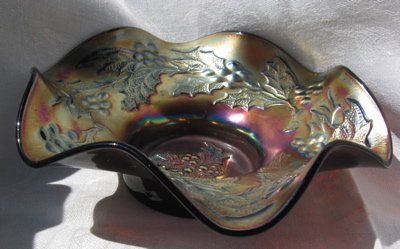 DUGAN Holly & Berry Oxblood Ruffled Bowl Carnival Glass