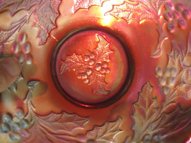 DUGAN Holly & Berry Oxblood Ruffled Bowl Carnival Glass