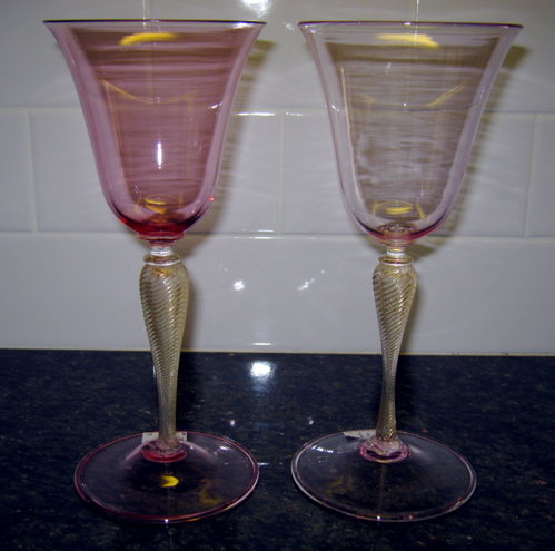 VENETIAN Murano WINE Stems (2) Pink and Gold