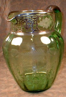 SILVER Overlay PITCHER Etched Glass -ANTIQUE-
