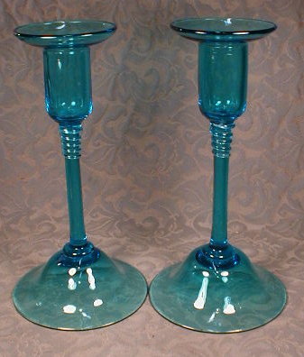 STEUBEN Glass CANDLEsticks Blue PAIR - Large -