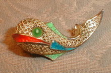 SILVER Filigree WHALE Pin GOLD Wash .800 Enamel