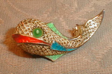 SILVER Filigree WHALE Pin GOLD Wash .800 Enamel