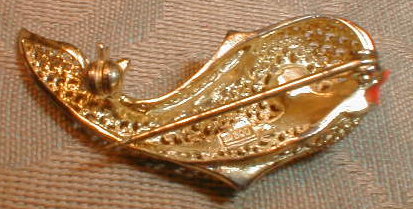 SILVER Filigree WHALE Pin GOLD Wash .800 Enamel