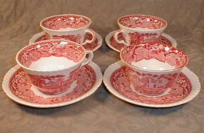 MASONS Vista CUPS/Saucers PINK Transferware (4)