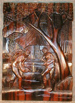 CARVED Rosewood PANEL Cock FIGHT -