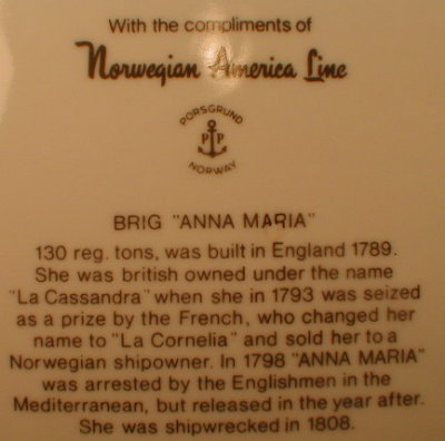 NORWEGIAN American LINE Plate BRIGG Anna MARIA-