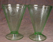 Green ROSE Cameo FOOTED Tumblers -2- VINTAGE -