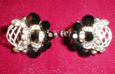 VENDOME Earrings BLACK & Rhinestones -VINTAGE-