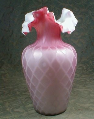 Pink Cased Glass Vase Satin Diamond Optic, Ruffled Top