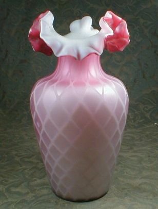 Pink Cased Glass Vase Satin Diamond Optic, Ruffled Top