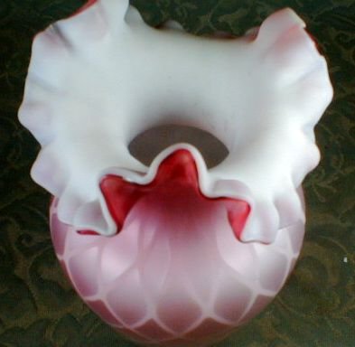 Pink Cased Glass Vase Satin Diamond Optic, Ruffled Top