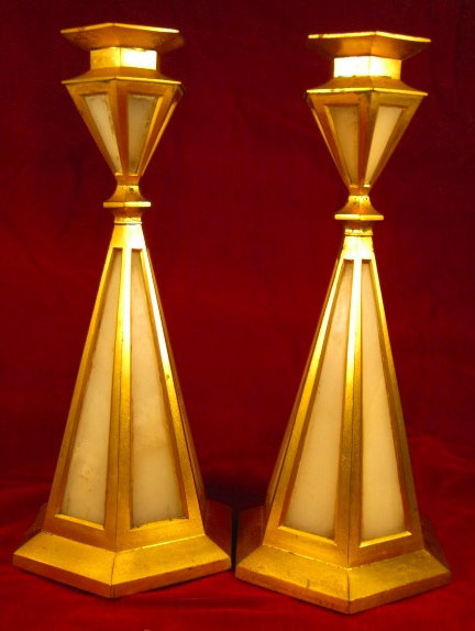 Art Deco Candlesticks Brass & Glass Insets England -ANTIQUE-