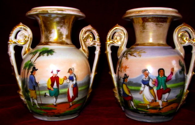 OLD PARIS Hand Painted Vases -PAIR- Antique