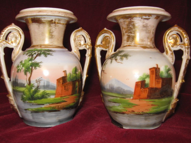 OLD PARIS Hand Painted Vases -PAIR- Antique